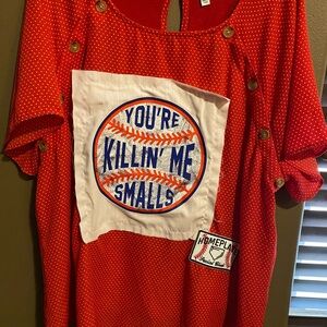 Hand, designs, women, short sleeve baseball themed blouse, size 3X